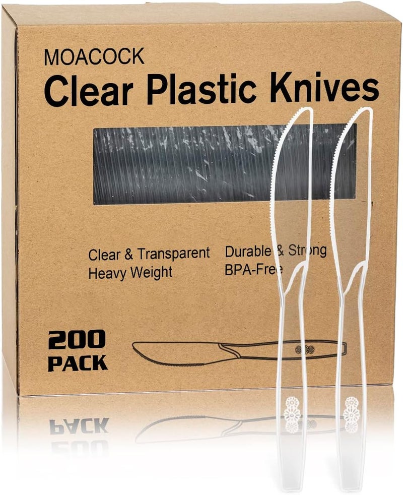 MOACOCK 200 Count Clear Plastic Knives, Heavy Weight Disposable Spoons Cutlery Plastic Utensils, Clear PlasticSilverware Bulk - Image 1
